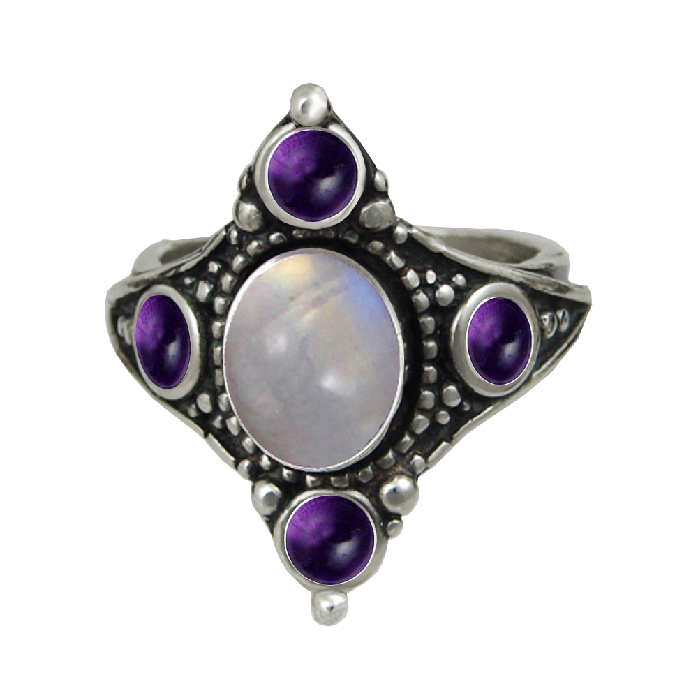 Sterling Silver Renaissance Queen's Ring With Rainbow Moonstone Size 10